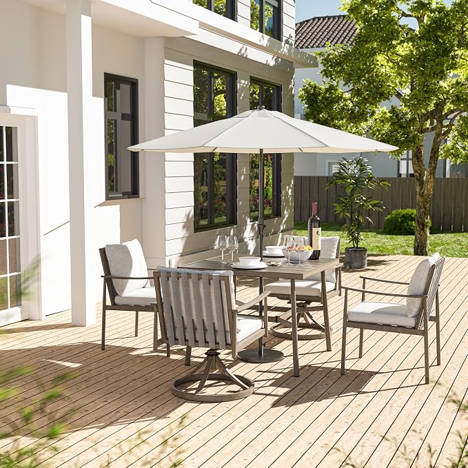 HAPPATIO 5-Piece Outdoor Dining Set for 4, Aluminum Patio Dining Set Includes 1 Large Square Table with Umbrella Hole, 2 Swivel Dining Chairs, and 2 Dining Chairs, for Lawn, Porch, Backyard (Grey)