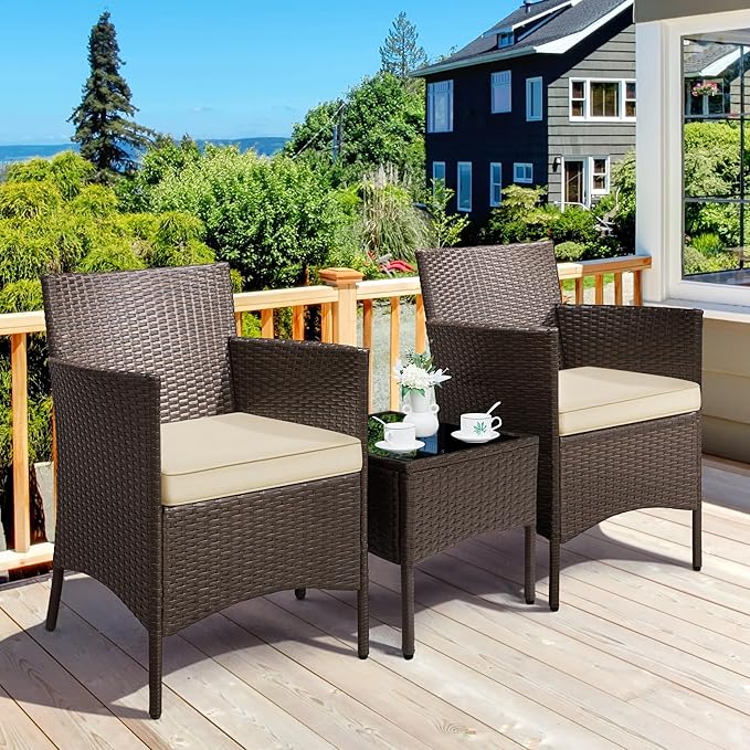 Yaheetech 3 Pieces Patio Porch Furniture Set, Outdoor PE Rattan Wicker Conversation Set with Soft Cushions, Glass Coffee Table & 2 Chairs for Garden/Deck/Courtyard/Poolside, Brown/Khaki