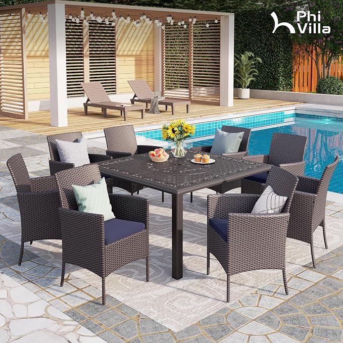PHI VILLA 9-Piece Cast Aluminum Outdoor Dining Set for 8, Square Metal Dining Table with Umbrella Hole & Cushioned Wicker Rattan Chairs