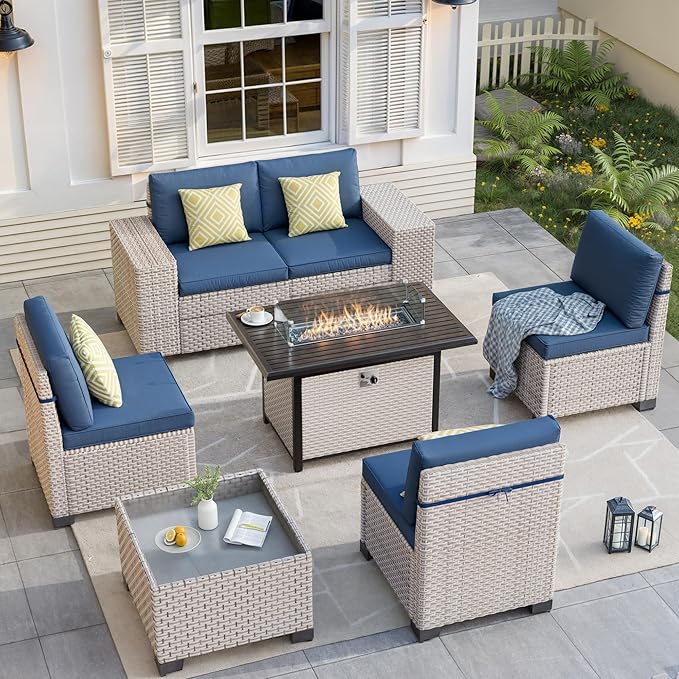 7-Piece Outdoor Patio Furniture Set with Fire Pit, Modular Sectional Sofa Set with Glass Coffee Table and Cushions, Wicker Outdoor Couch Conversation Sets, Blue