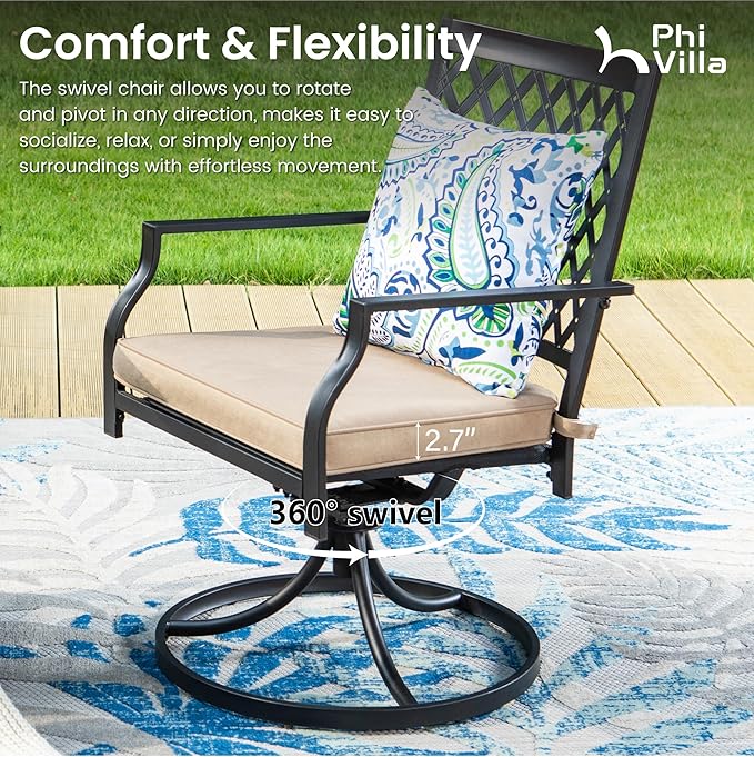 PHI VILLA 7 Pieces Outdoor Dining Set for 6, 59" Rectangle Metal Steel Table with Umbrella Hole & Swivel Wrought Iron Chairs with Cushions, Outside Furniture Set for Patio, Deck, Yard, Porch