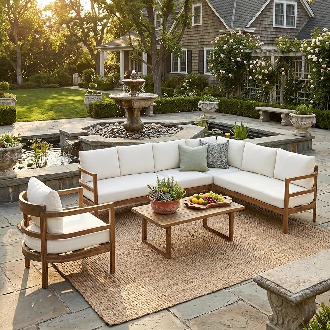 Merax Outdoor Acacia Wood 6-Seater Sectional Sofa Set with Cushions, Wood Patio Modular Lounge with Corner & 1 Table & 1 Club Chair for Balcony, Deck, Garden, Beige + Light Brown
