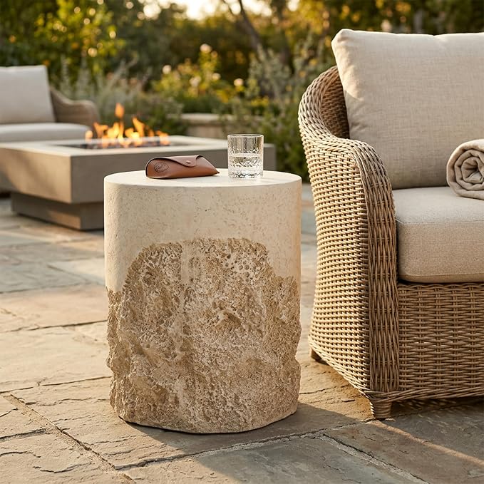 LUMISOL Agnes Outdoor Patio Rugged Coral-Texture Round MGO Side Table, Beige Finish, Organic Neutral Tone Accent for Bohemian & Coastal Homes