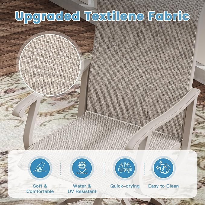 DIFY Outdoor Dining Set for 6, 7 Piece Patio Table and Chairs Set, Swivel Patio Chairs with Sandshell Textilene & 50" Grey Wood-Like Round Metal Dining Table with Umbrella Hole, for Garden Backyard