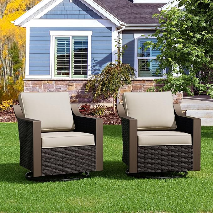 Patio Metal Swivel Chairs Set of 2, Wicker Conversation Furniture Set, Upholstered & 360 Degree Glider Rockers Armchairs, PE Rattan, Metal armrests, Terrace (Beige and Brown Stripe)