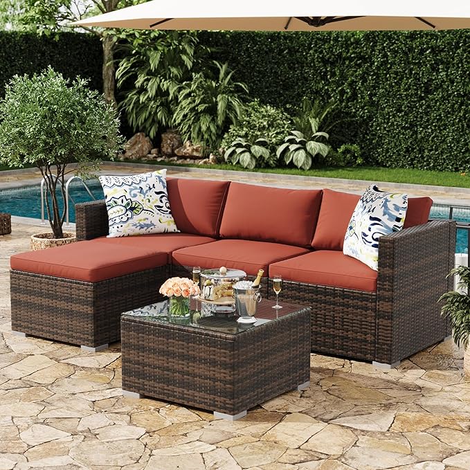 5-Piece Outdoor Sectional Sofa Set, All-Weather PE Rattan Patio Furniture with Ottoman & Tempered Glass Table, Convertible Garden Couch for Backyard, Porch, Poolside (Brown/Wine Red)