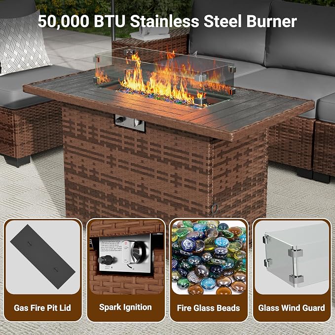 Patio Furniture Set with 44'' Propane Gas Firepit Table, 10 PCS Modular Outdoor Sectional Conversation Sets, All-Weather Wicker Patio Set for Backyard, Grey (Waterproof Covers Included)