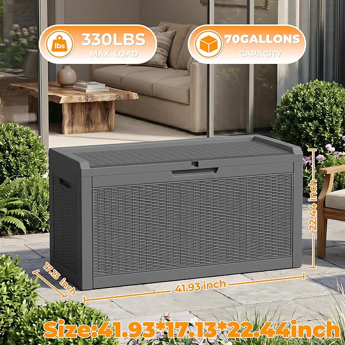 70 Gallon Waterproof Outdoor Storage Box,Deck Boxs for Outdoor and Indoor Use,Deck Storage Box for Picnic Supplies,Gardening Tools,Lockable and Easy to Install(Black)