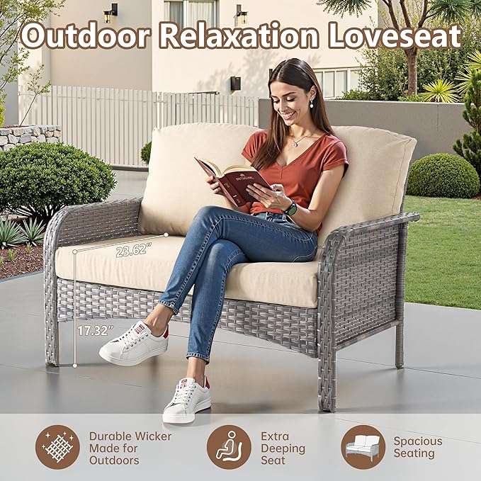 6 PCS Outdoor Patio Furniture Set with Glass Table, All-Weather Rattan Wicker Outdoor Conversation Set with Thickened Cushions for Balcony Backyard Garden Lawn,Beige