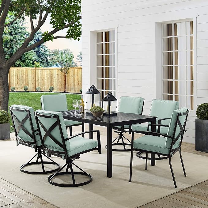 Crosley Furniture Kaplan 7-Piece Outdoor Dining Set for 6, Patio Table and Chairs for Backyard, Deck, Oiled Bronze with Mist Cushions
