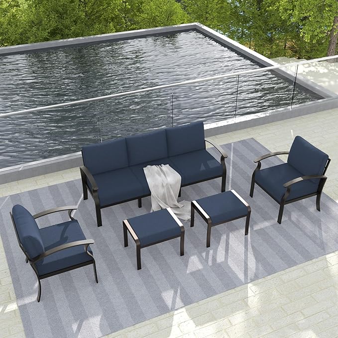 Gotland Aluminum Patio Furniture Set, Metal Outdoor Furniture with 2 Ottomans 5.1’’ High-Resilience Seat Cushions, 5 Piece Patio Set, Oversized Outdoor Sectional Patio Conversation Sets, Navy