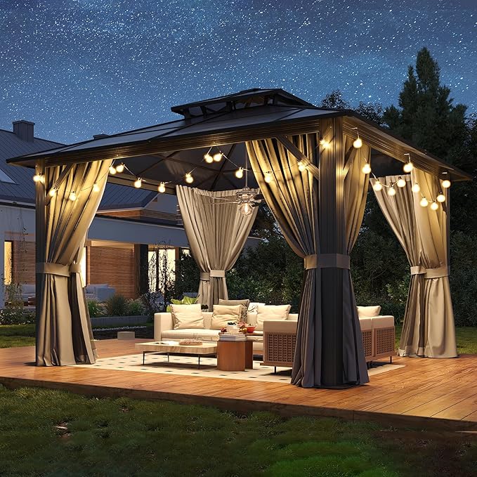 12’x12’ Hardtop Gazebo with Double Polycarbonate Roof Outdoor Metal Gazebo Sturdy Aluminum Frame & Removable Curtains, Netting Permanent Pavilion Pergola for Garden,Patio,Lawn (Gray)