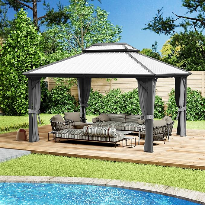 Kozyard Caesar 12'x14' Hardtop Gazebo - Permanent Metal Pavilion with Netting and Shaded Curtains for Patio, Backyard, and Deck - Galvanized Steel Outdoor Aluminum Canopy, Double Roof Gazebo (Grey)