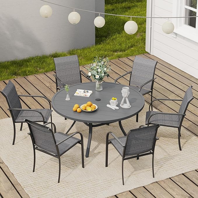 VICLLAX Round Outdoor Dining Set, Patio Table and Chairs Set Set of 6 Patio Stackable Chairs and 47" Outdoor Round Table with Umbrella Hole for Lawn Garden, Dark Grey Chairs and Dark Grey Table