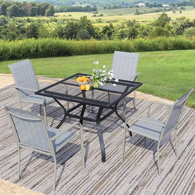 5-Piece Outdoor Dining Set, Square Metal Table with Beige Chairs, Black Patio Table with Umbrella Hole for Garden, Yard, Patio