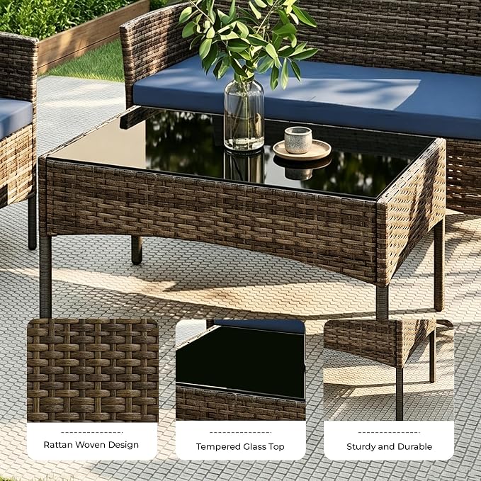 4 Pieces Outdoor Patio Furniture Set, Wicker Patio Conversation Set with Tea Table, All-Weather Outside Rattan Sectional Sofa for Backyard, Poolside, Garden, Balcony, Brown/Navy
