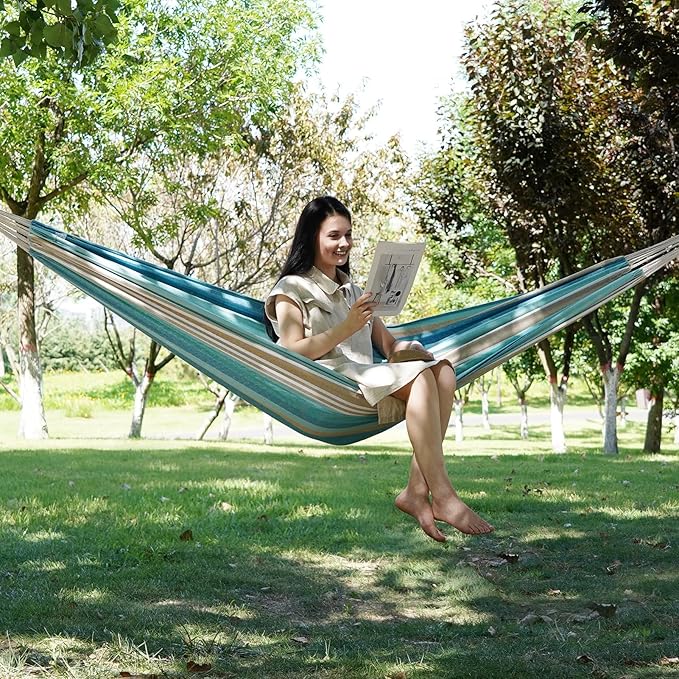 INNO STAGE 2 Persons Hammock with Tree Straps - Brazilian Double Hammocks, Portable Hanging Camping Bed for Patio, Backyard, Porch, Outdoor and Indoor Use Soft Cotton Carrying Bag, Blue, XX-Large