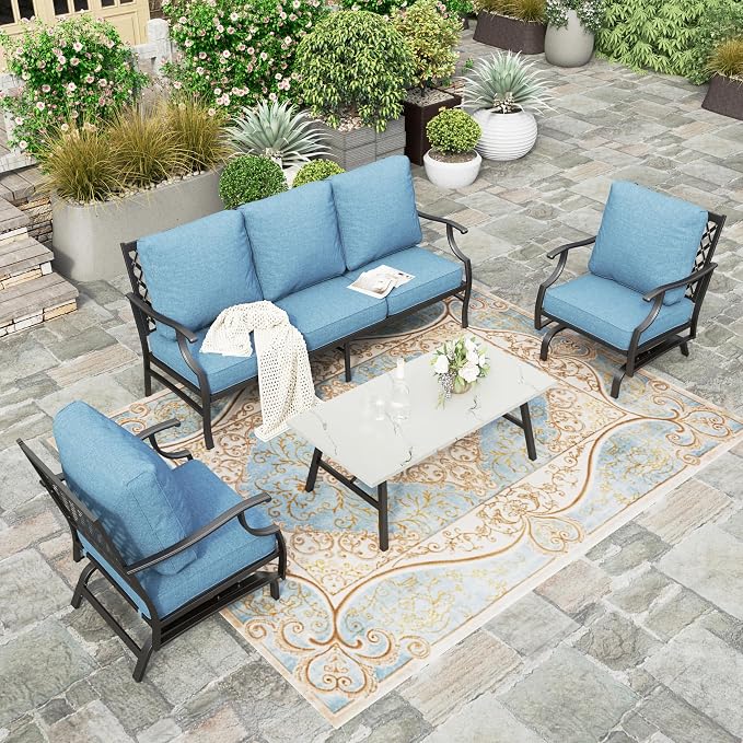 HERA'S HOUSE 4 Piece Patio Furniture Set, 2 x Rocking Metal Frame Cushioned Chair, 3-Seat Sofa with Marbling Coffee Table, Outdoor Conversation Set for Lawn Garden Backyard Poolside, Navy Blue