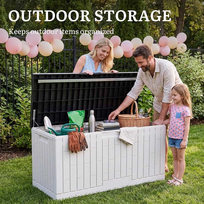 YITAHOME Large Deck Box 120 Gallon Resin Outdoor Storage Box w/Slide-Locking Black Lid, Patio Storage Bin for Outdoor Pillows, Garden Tools and Pool Supplies, Waterproof, Lockable, Grayish-White