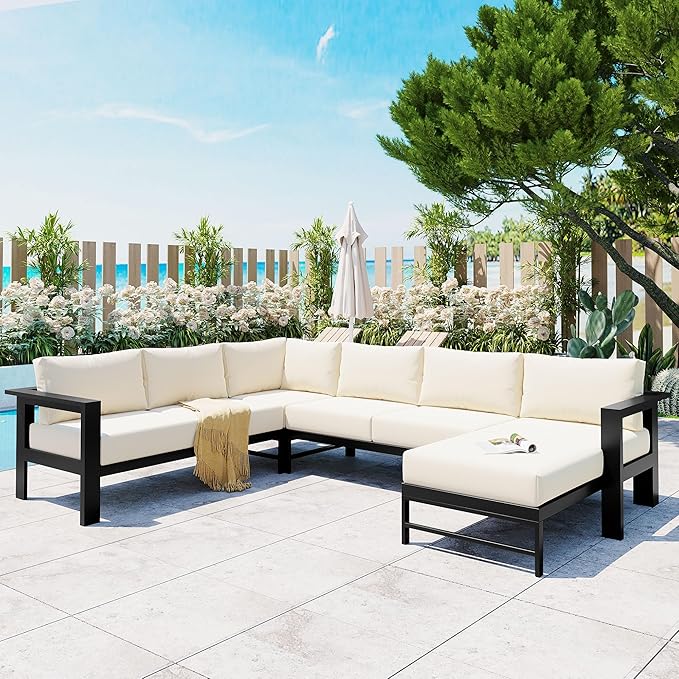 LUMISOL Patio Furniture Set, U-Shaped Outdoor Sofa Set for 6 Persons, All Weather Patio Conversation Set with Water Resistant Cushions for Garden, Backyards, Poolside, White