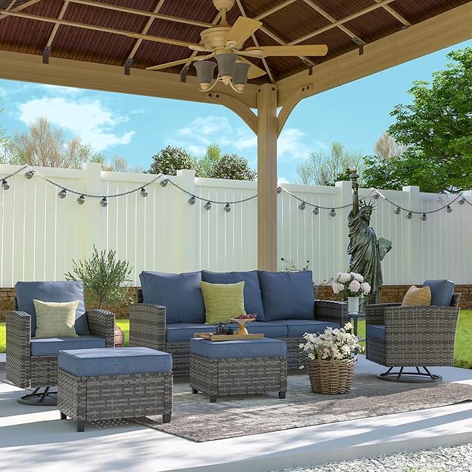 UDPATIO Patio Furniture Set, 6 Pieces Outdoor Sectional Couch with Swivel Rocking Chair, Gray Wicker Rattan Sofa with Side Table, 4" Thick Cushion for Garden Backyard Deck,Blue