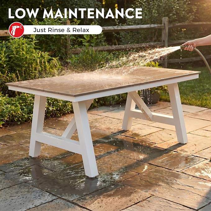 Costaelm Stinson 7-Piece Outdoor HDPE Patio Dining Table Set with Umbrella Hole & Dining Chairs for 6, Weathered Wood