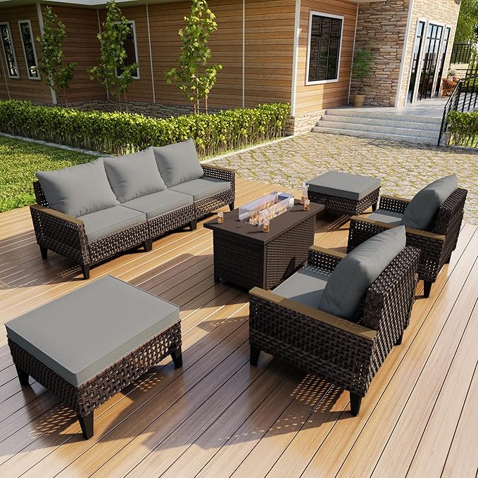 8 Pieces Patio Conversation Sets, Outdoor Furniture Set with Fire Pit Table, Wicker Rattan Sectional Modular Sofa Seating Set for Porch, Poolside, Deck, Balcony, Backyard, Yard, Garden (Gray Cushions)