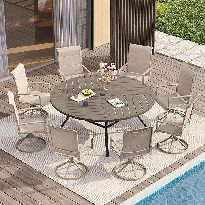 VICLLAX Patio Dining Set for 8, 8 Seats Outdoor Furniture Includes 59.9" Round Patio Table and Swivel Padded Chairs, Grey Wood Grain Tabletop and Sandshell Fabric