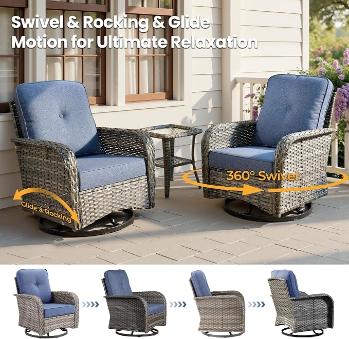 Weaxty Wicker Patio Furniture Set with Swivel Rocker Chairs Outdoor Loveseat Sofa and Rattan Coffee Table, 5 Pieces Outdoor Conversation Sets for Patio Porch Deck Backyard Poolside,Beige