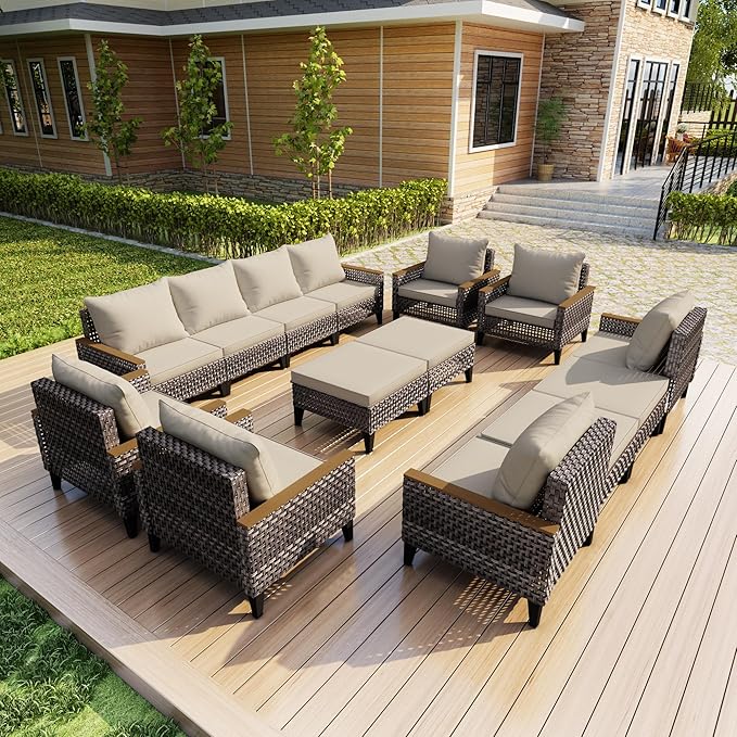 14 Pieces Patio Furniture Set, Wicker Rattan Outdoor Conversation Sets with Footstool, Modular Sectional Seating Set 2 Three Seater Sofa & 4 Single Armchairs & 4 Ottomans for Home (Beige Cushions)