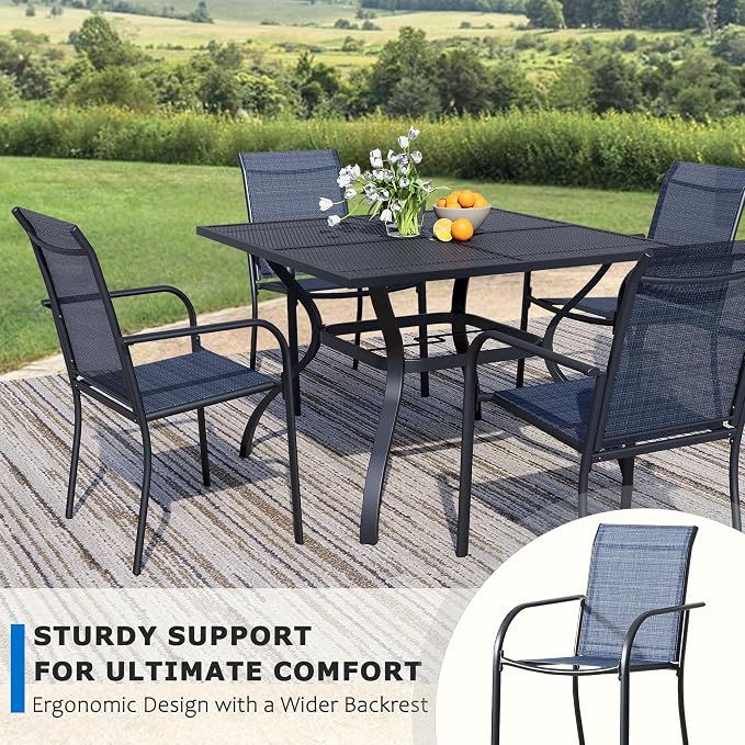 5-Piece Outdoor Dining Set, Square Metal Table with Dark Blue Chairs, Black Patio Table with Umbrella Hole for Garden, Yard, Patio