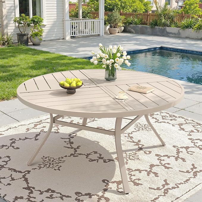 DIFY 59.8" Round Outdoor Patio Dining Table for 8-10, All-Weather Metal Steel Slatted Patio Table with 1.57" Adjustable Umbrella Hole for Garden, Backyard, Deck, Sandshell