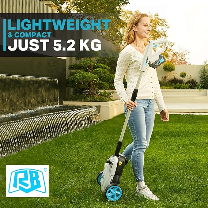 RB 40V 9" Mini Cordless Lawn Mower with Battery & Charger for Small Yards | Ultra-light with brushless motor. 3 cutting heights. One-hand steering. Upright storage for tiny spaces, small lawns, patios.