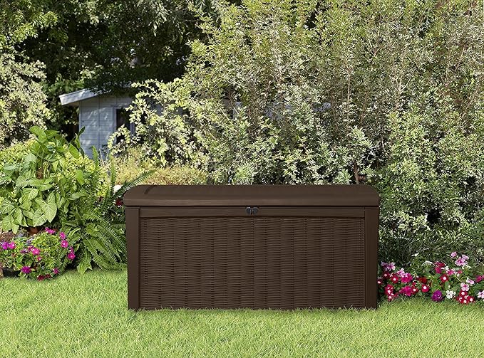 Deck Box for Patio Pool Storage Bench in Resin 110 Gallon Extra Large Outdoor Design With FREE Padlock