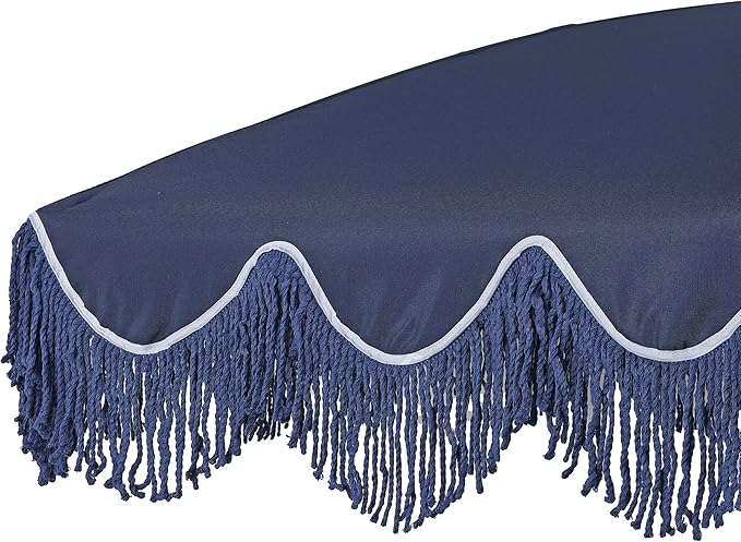 JONATHAN Y Mariner 6.5 ft. Beach Umbrella, Navy Solid with Fringe, Push-Button Tilt, UPF 50+ Sun Protection and Carrying Bag for Patio and Pool, White Pole UMB1005T