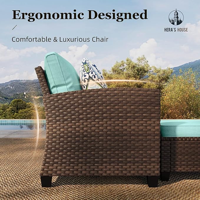 HERA'S HOUSE Patio Furniture Set with Fire Pit Table, Outdoor Wicker Furniture, All Weather Deep Seating Conversation Sofa Set, Brown Rattan Chairs for Deck Backyard, Blue