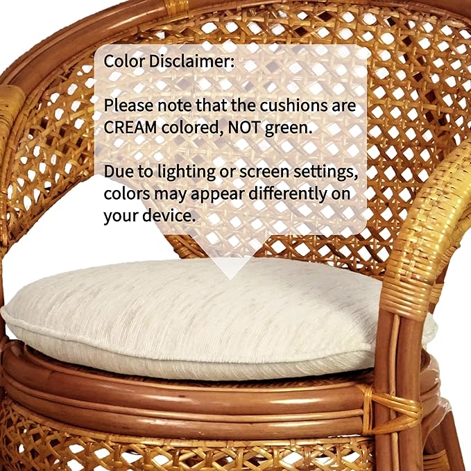 3 Pcs Pelangi Rattan Wicker Dining Set Round Table Glass Top and 2 Arm Chairs with Cream Cushion, Colonial Color