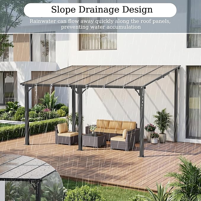 ALAULM 10'x 12' Outdoor Hardtop Pergola,Wall Mounted Lean to Gazebo with Sloped Sun Panel Roof,Galvanized Metal Frame,Sunshade for Patio, Backyard, Deck and Poolside