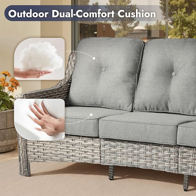 6 PCS Patio Furniture Set, Deep Seat High Back Outdoor Conversation Set with Ottomans, Wicker Outside Furniture with Solar Light Coffee Table for Porch Backyard Balcony, Sunroom, Dark Grey