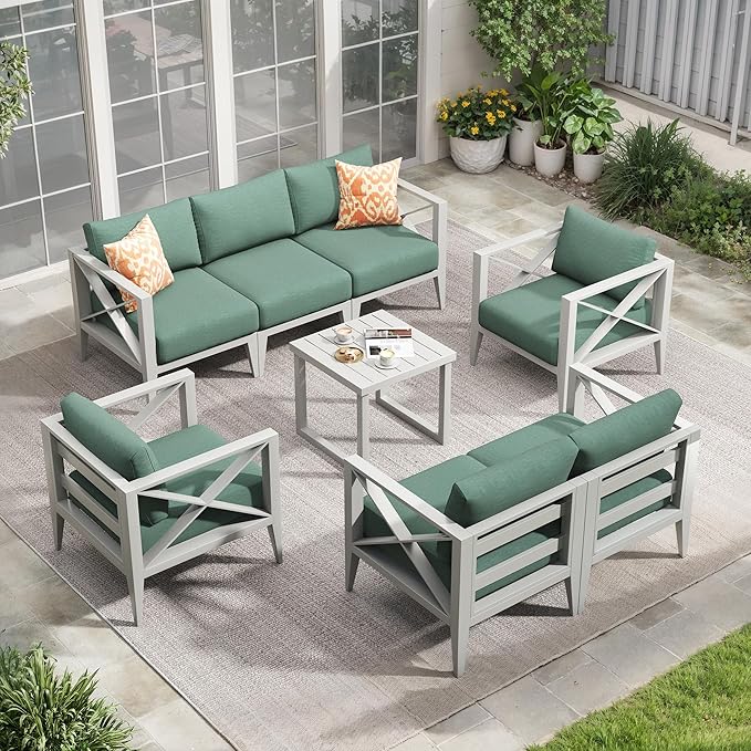Aluminum Patio Furniture Set,7-Seats Patio Sectional Conversation Sofa with 5.2" All-Weather Cushions and Coffee Table,Outdoor Furniture Set for Deck, Porch, Garden (White)