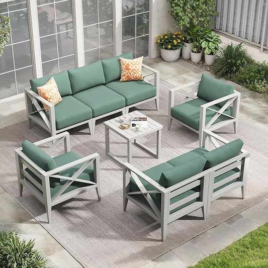 Aluminum Patio Furniture Set,7-Seats Patio Sectional Conversation Sofa with 5.2" All-Weather Cushions and Coffee Table,Outdoor Furniture Set for Deck, Porch, Garden (White)