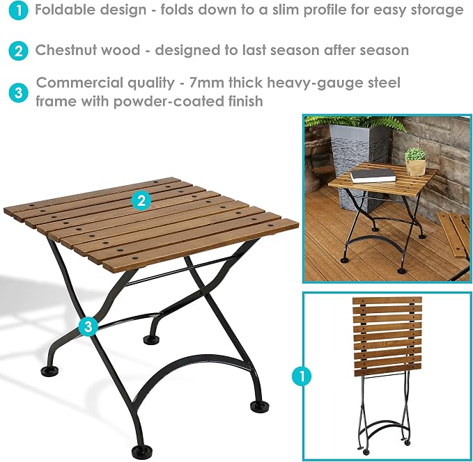 Sunnydaze European Chestnut Wooden Folding Outdoor Adirondack End Table - Square Side Table for Patio with Steel Frame - Brown