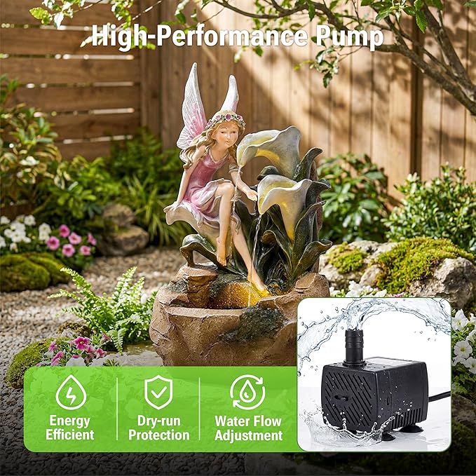 26-Inch Outdoor Water Fountain, Garden Flower Fairy Resin Waterfall Fountain with LED Light, Elegant Fantasy Outdoor Water Feature for Backyard, Lawn, Deck, Patio, Balcony in Pink, Gift Ideas