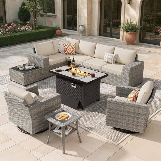 10 Pieces Outdoor Patio Sectional, Wicker Patio Furniture Set with 42 inch Fire Pit Table, All-Weather L Shaped Patio Conversation Set with Swivel Chairs, for Backyard Porch Yard,Beige