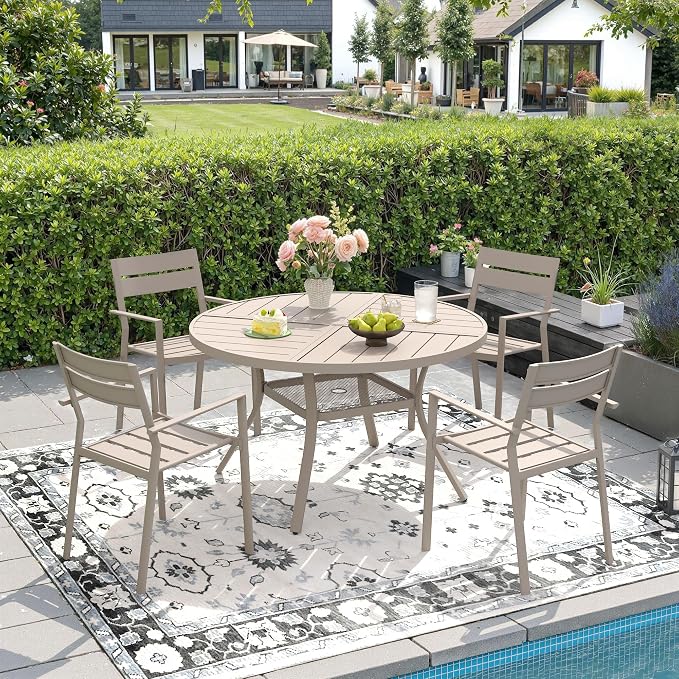 DIFY 5 Piece Outdoor Patio Dining Set for 4, 40.6" Round Dining Table with Umbrella Hole and Stackable Metal Chairs, Patio Table and Chairs Set for Backyard Garden Poolside, Sandshell