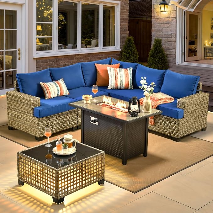 HOOOWOOO Sectional Patio Furniture Set with Fire Pit Table,7 Pieces Wicker Outdoor Furniture L Shaped Couch,Outside Conversation Set with Extra Deep Seat Sofa Wide Arm Solar Light Table,Navy Blue