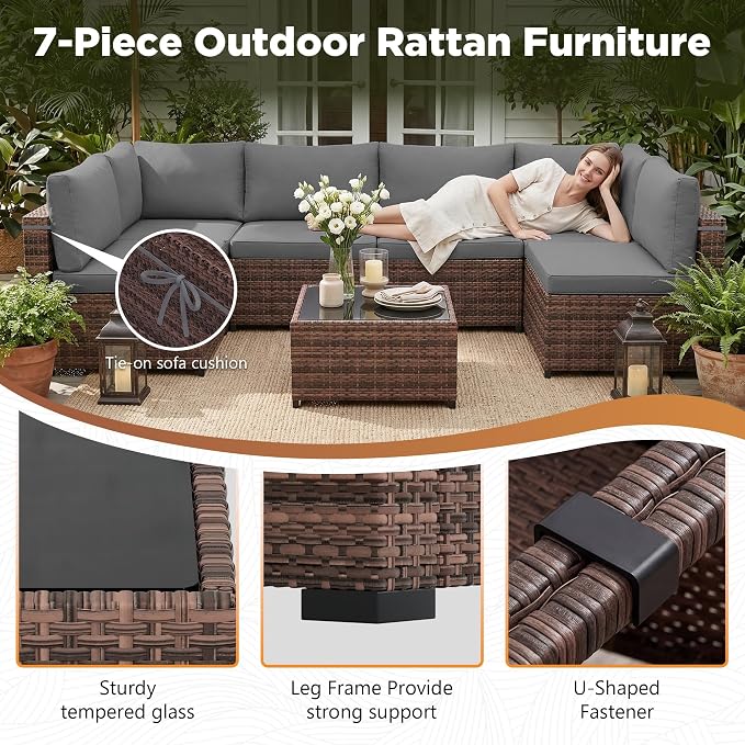 LHBcraft 7 Pieces Outdoor Wicker Rattan Patio Furniture, Wicker Rattan Outdoor Sectional Sofa Set with Coffee Table & Grey Cushions for Garden