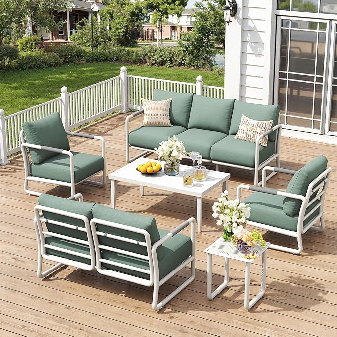 Aluminum Outdoor Patio Furniture Set, 6-Piece Conversation Sofa Set with Coffee Table, Thick Cushions & All-Weather Aluminum Frame, Modern Garden Seating for Backyard, Poolside, or Porch – White