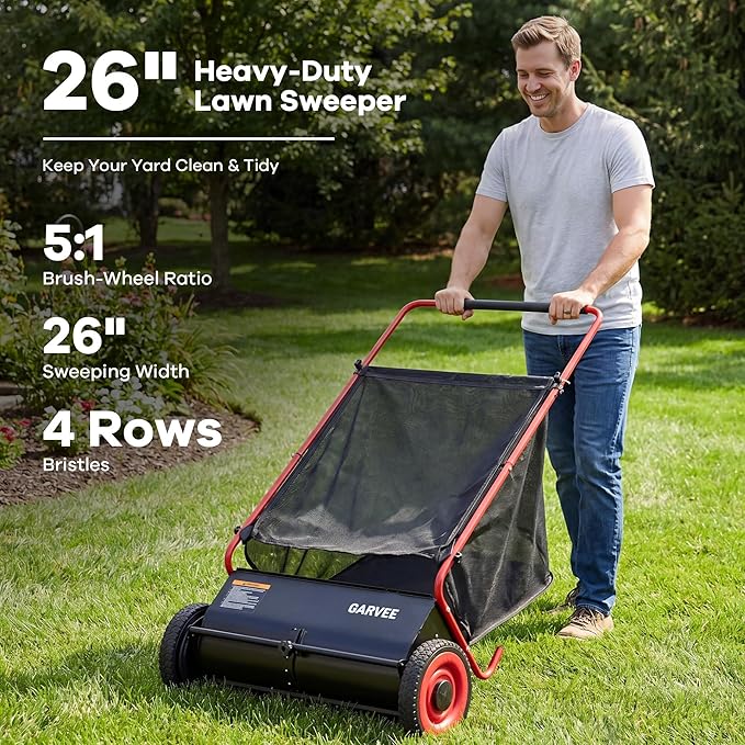 Garvee Push Lawn Sweeper, 26 in Leaf & Grass Collector with 7 Cu. ft. Hopper Bag, 4 Spinning PP Brushes, Durable Steel Construction, Adjustable Height & Rubber Tires for Leaves Grass Cleanup
