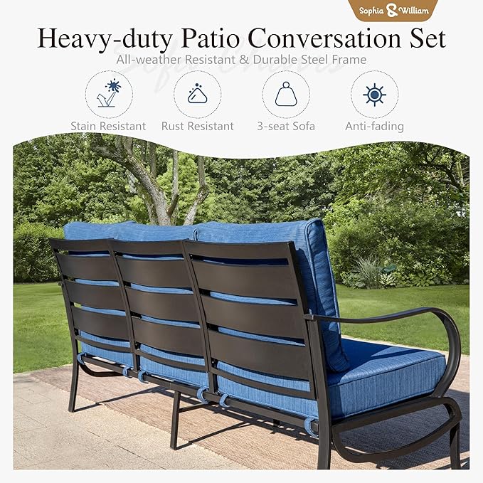 Sophia & William Patio Furniture Sets for 7 Outdoor Conversation Set 6 Pcs with 4 x Armrest Cushioned Sofa Chairs, 1 x 3-Seat Sofa, 1 Marbling Metal Coffee Table Garden Backyard Poolside Peacock Blue